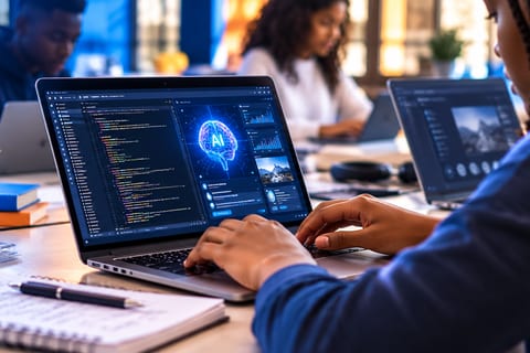 Illustration of a person typing at a laptop that shows code and an AI graphic, with others working at laptops in the background.