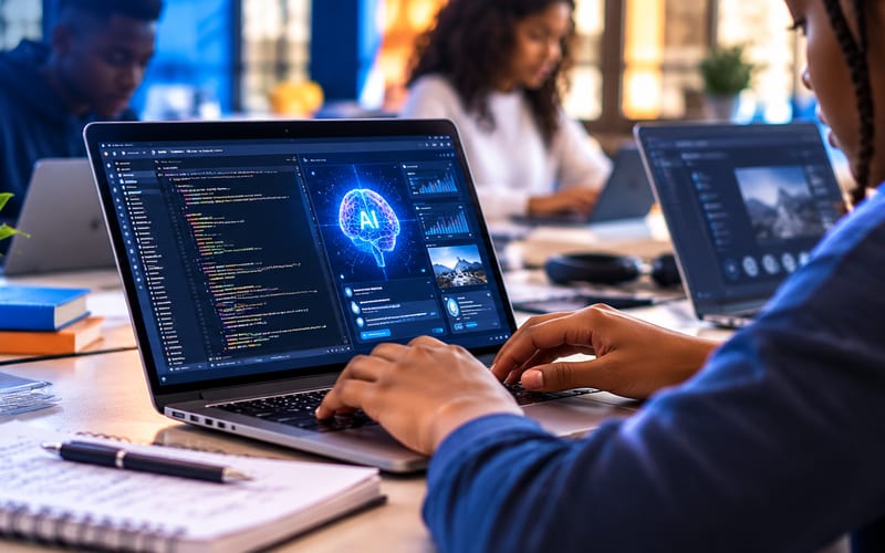 Illustration of a person typing at a laptop that shows code and an AI graphic, with others working at laptops in the background.