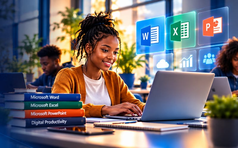 Illustration of a young woman smiling at a laptop in a bright study space, with floating document, spreadsheet and presentation application icons above her and a stack of books beside her.