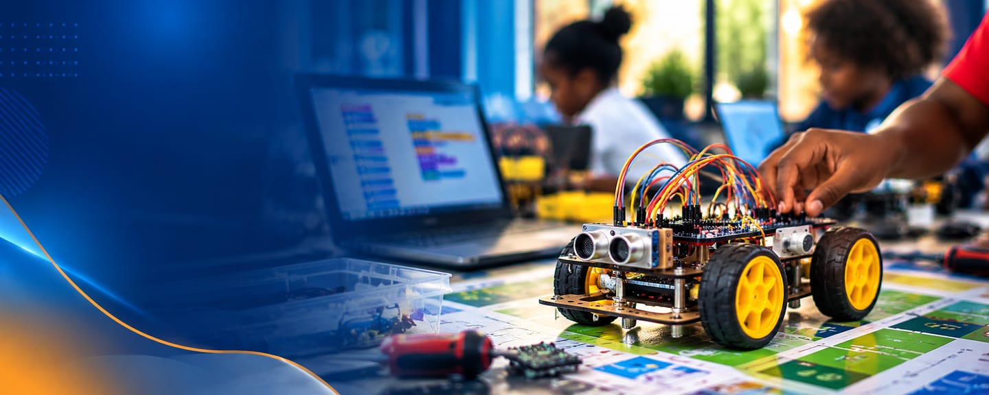 Illustration of a small wheeled robot being wired by a hand, with a laptop showing block coding behind it, on a dark blue background.