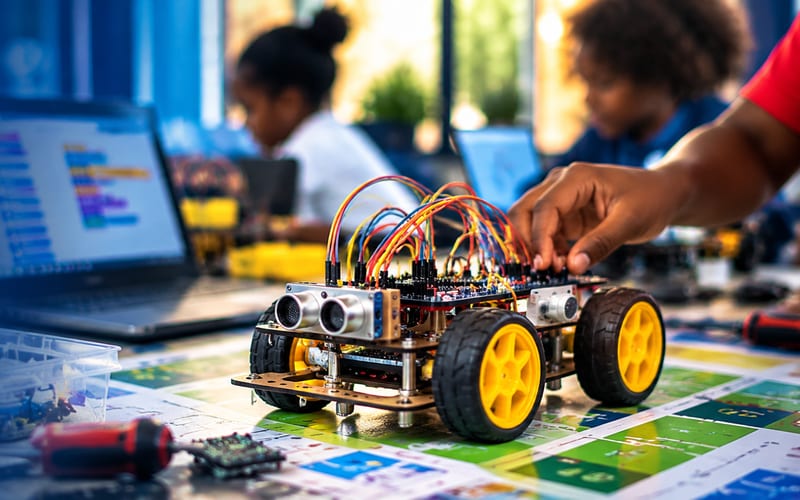 Illustration of a small wheeled robot being wired by a hand, with a laptop showing block coding behind it, on a dark blue background.