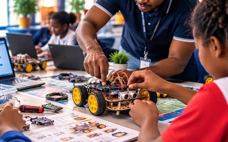 Illustration of a group of young people and an adult building a small wheeled robot together at a long table, with laptops showing block code.