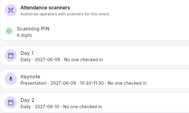 CONVERO organiser dashboard attendance checkpoints: an attendance scanner PIN and checkpoints for Day 1, the Keynote and Day 2