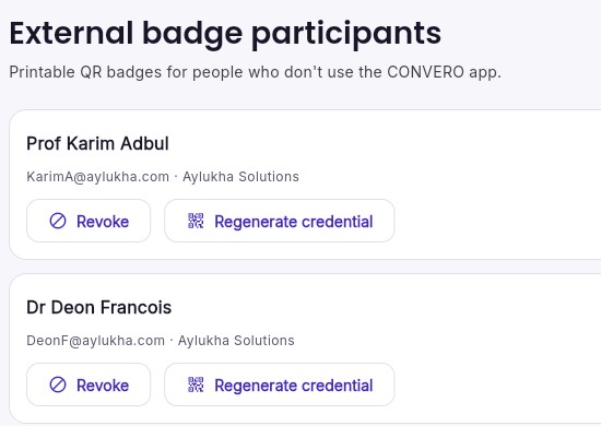 CONVERO organiser dashboard external badge participants: imported participants with active printable QR badge credentials and revoke or regenerate options