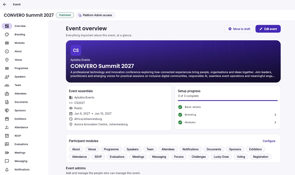 CONVERO organiser dashboard event overview for CONVERO Summit 2027, showing event essentials, setup progress and the participant modules switched on