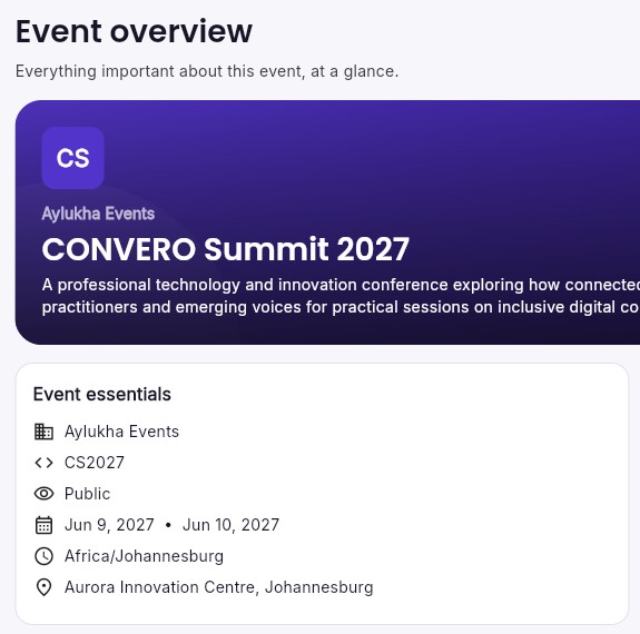 CONVERO organiser dashboard event overview with the CONVERO Summit 2027 banner and event essentials: organiser, event code, visibility, dates, timezone and venue
