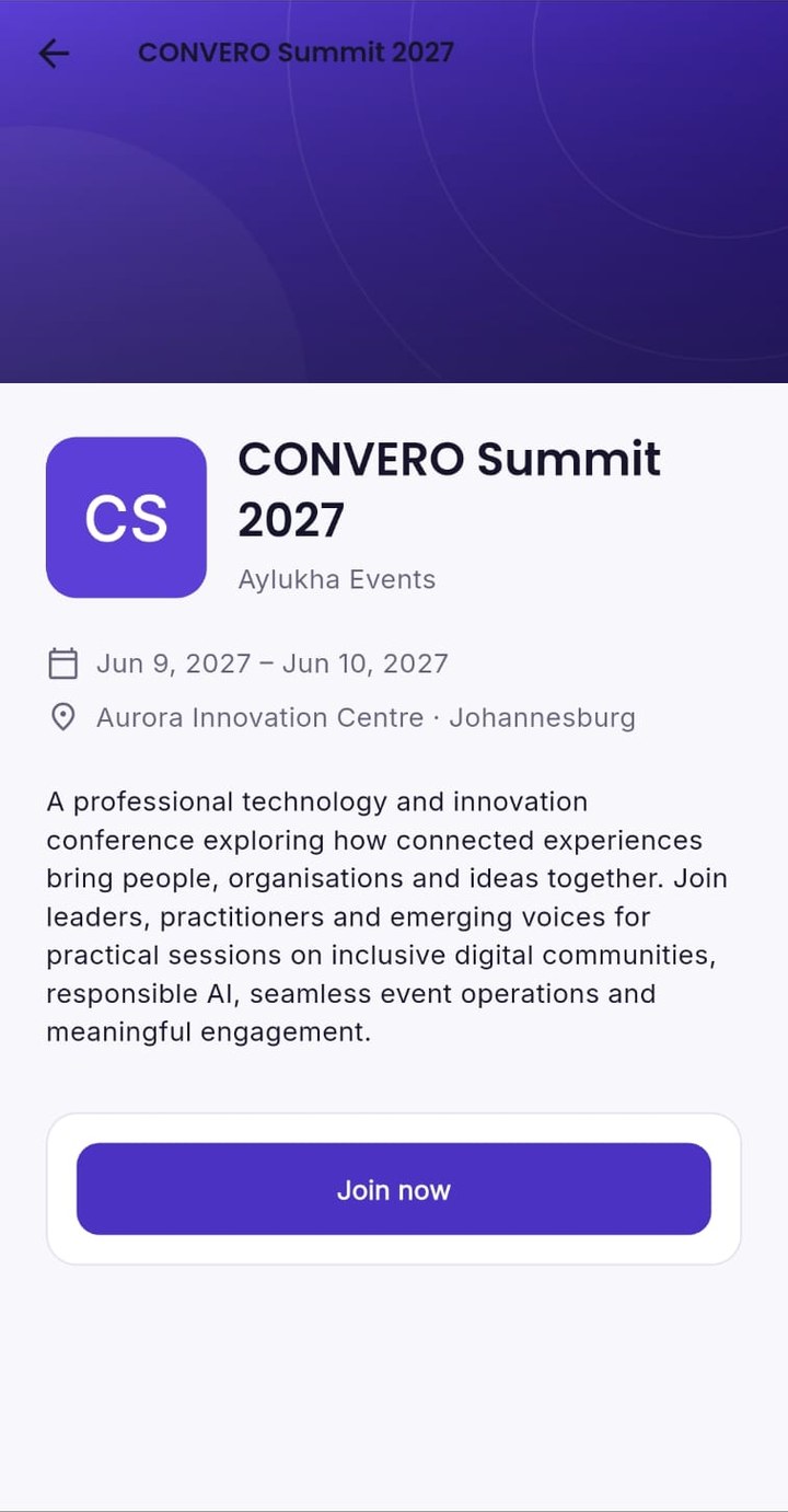 CONVERO app event details screen for CONVERO Summit 2027 with dates, venue, description and a Join now button