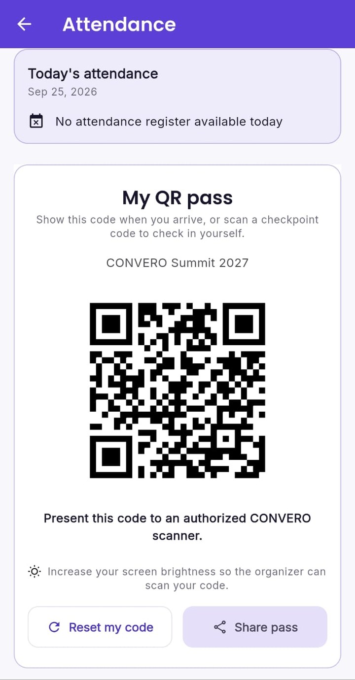 CONVERO app My QR pass for CONVERO Summit 2027, with a QR code to present to an authorised CONVERO scanner