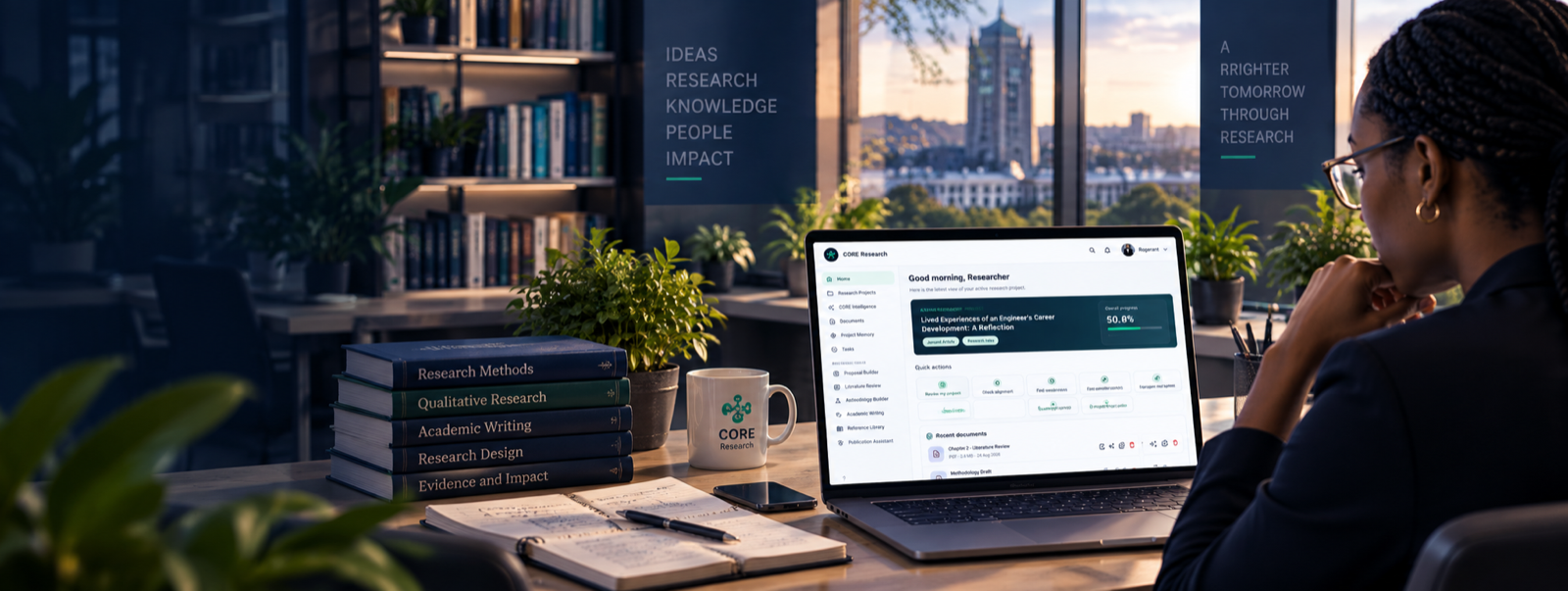 CORE research platform dashboard and researcher at work