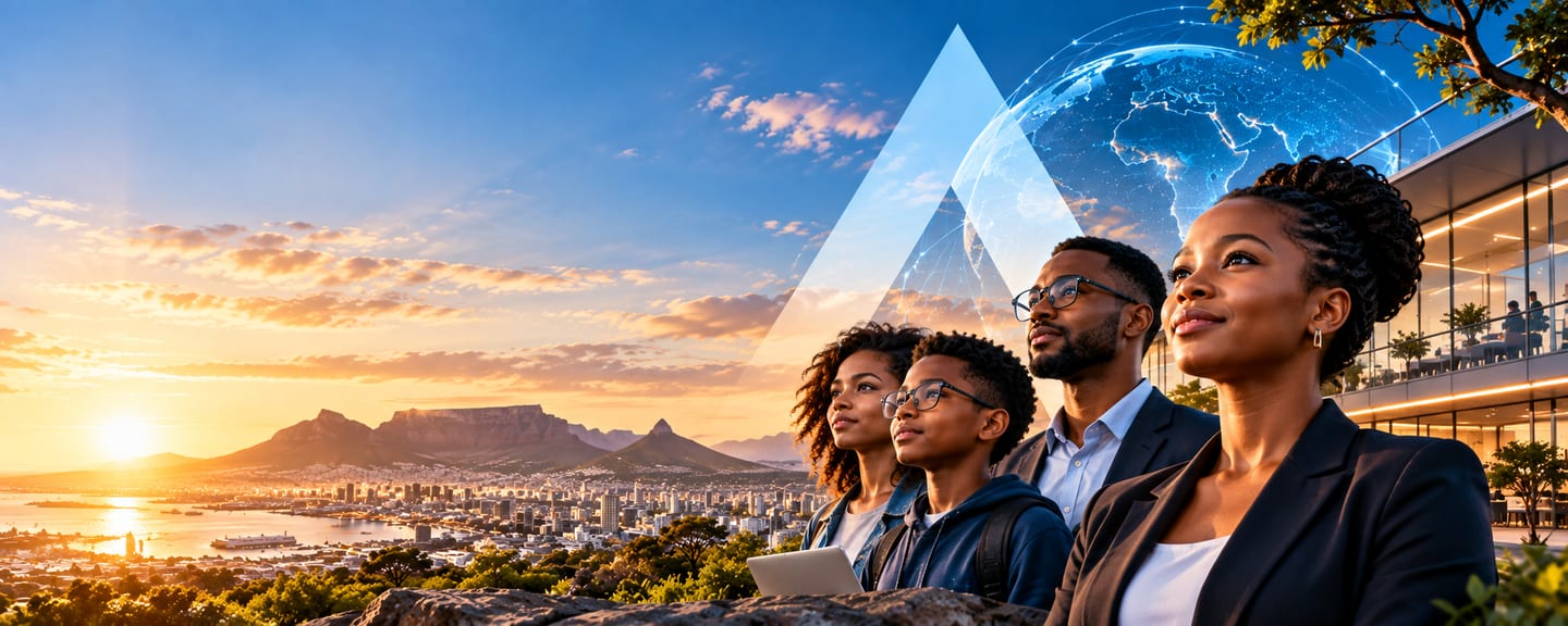 Four people of different generations looking upward together, with a glowing globe and Cape Town at sunset behind them.