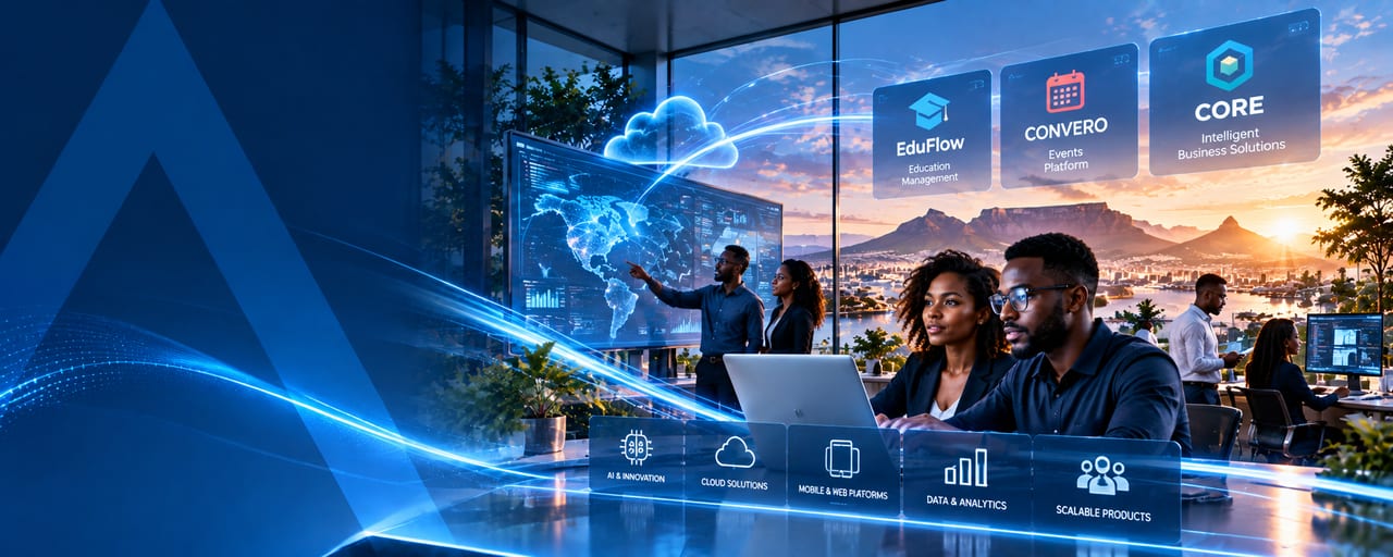 A technology team collaborating in a bright studio, with digital product tiles for EduFlow, CONVERO and CORE floating above Cape Town at sunset.
