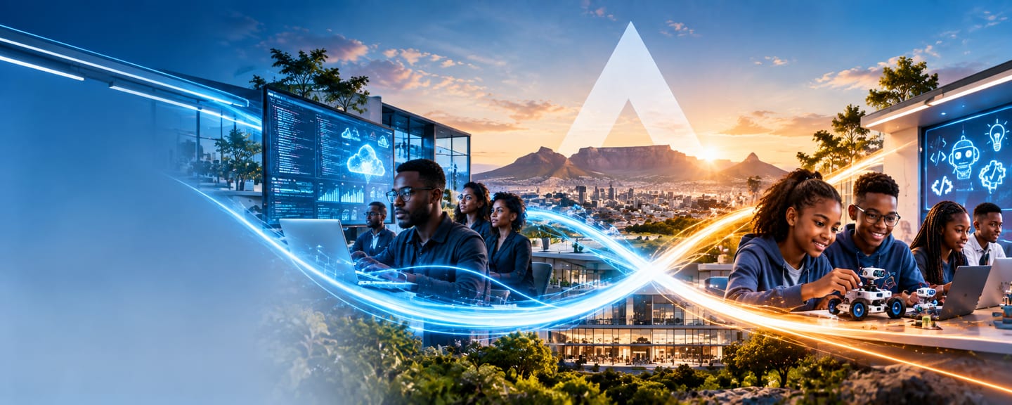Technology professionals working beside data screens on one side and students building a robot on the other, with Cape Town at sunset and ribbons of light flowing between them.