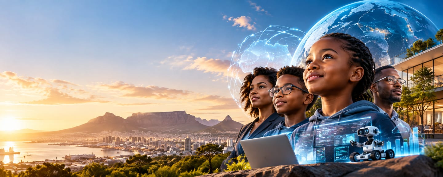 Professionals and young learners looking toward the future, with a glowing globe and Cape Town at sunrise behind them.